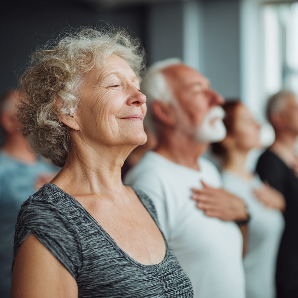 Peaceful elderly woman practicing yoga in a serene studio with natural lighting, showing flexibility and inner calm