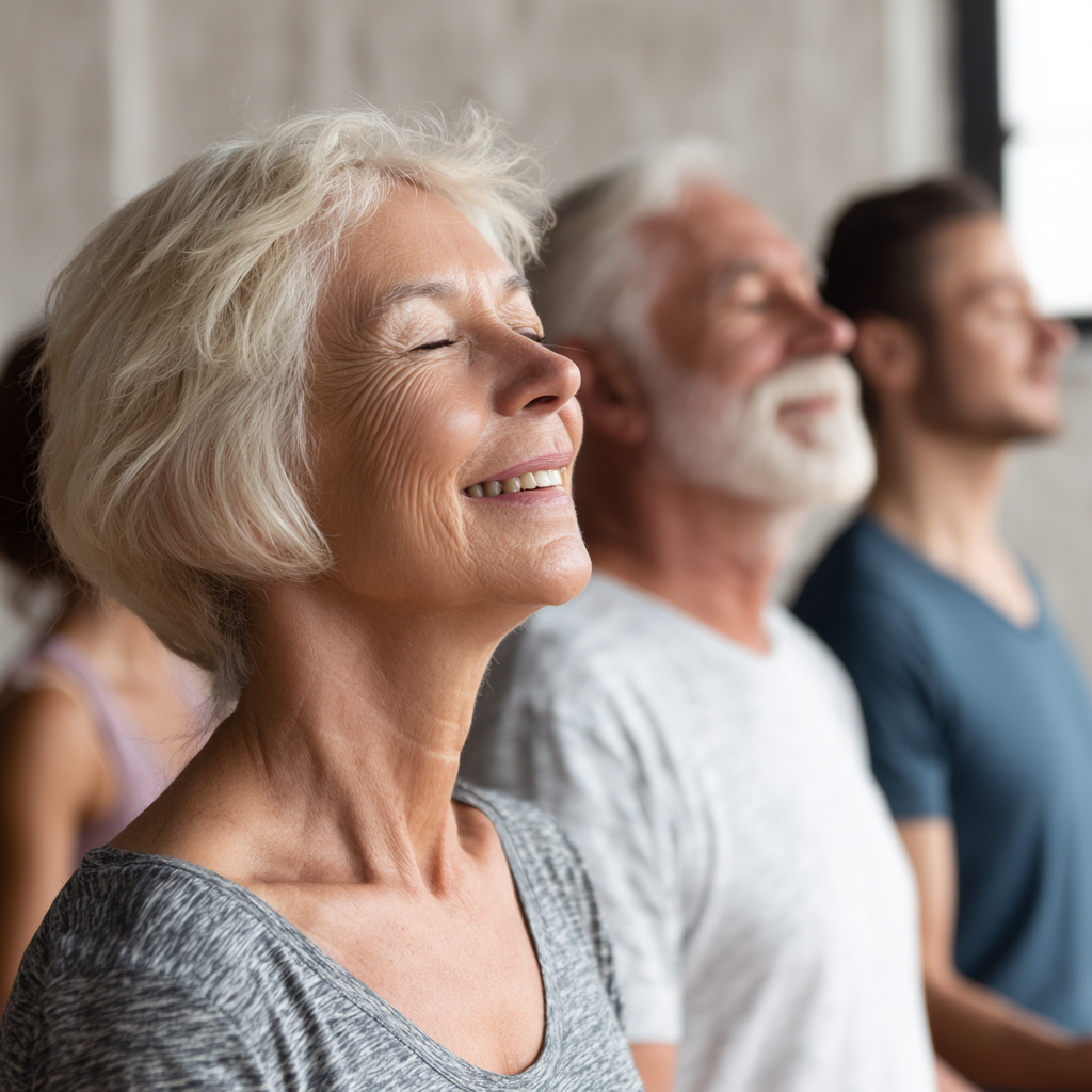 Elderly person demonstrating gentle yoga stretches that improve fascial flexibility and muscle strength